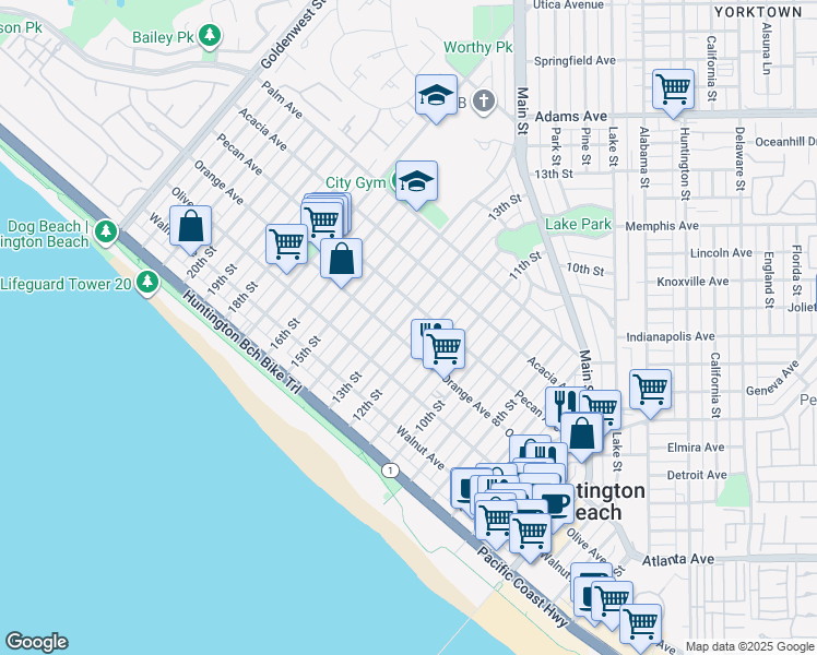 map of restaurants, bars, coffee shops, grocery stores, and more near 322 13th Street in Huntington Beach