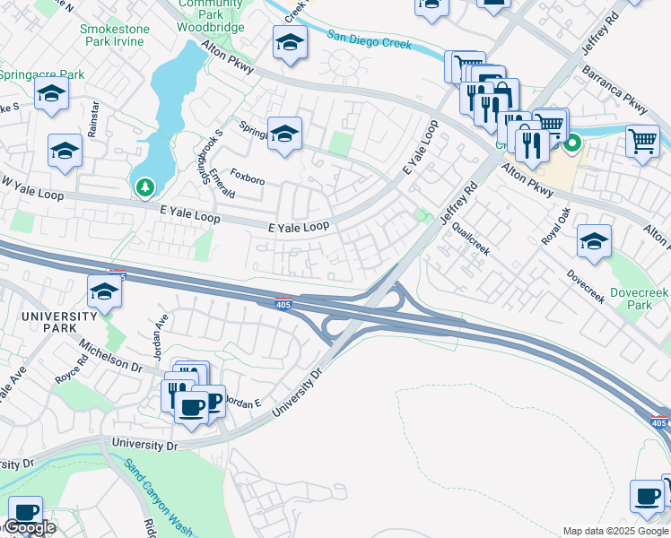 map of restaurants, bars, coffee shops, grocery stores, and more near 109 Fallingstar in Irvine