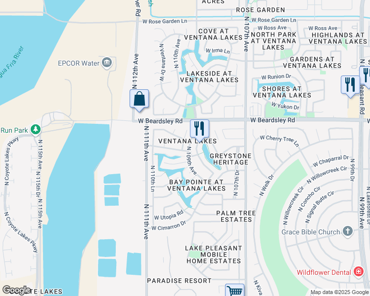 map of restaurants, bars, coffee shops, grocery stores, and more near 20027 North 109th Drive in Sun City