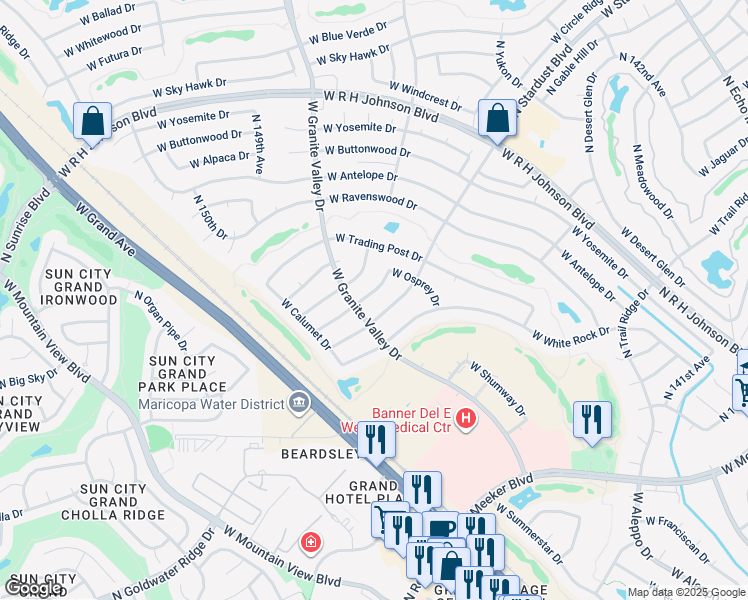 map of restaurants, bars, coffee shops, grocery stores, and more near 19802 North Stardust Boulevard in Sun City West