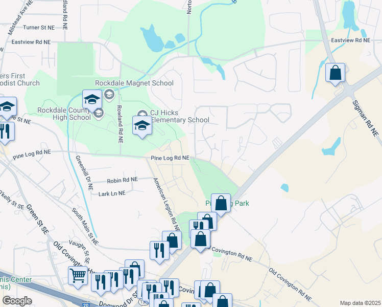 map of restaurants, bars, coffee shops, grocery stores, and more near 844 Park Place Northeast in Conyers