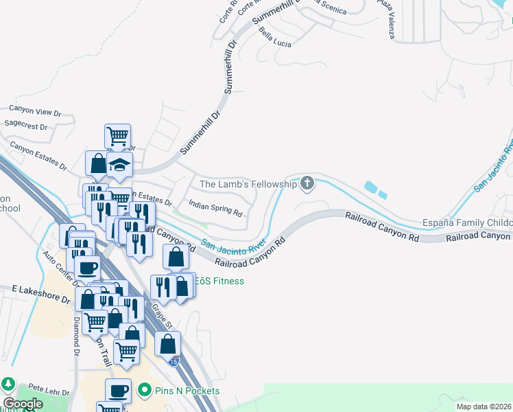 map of restaurants, bars, coffee shops, grocery stores, and more near 21024 Canyon Ridge Drive in Lake Elsinore