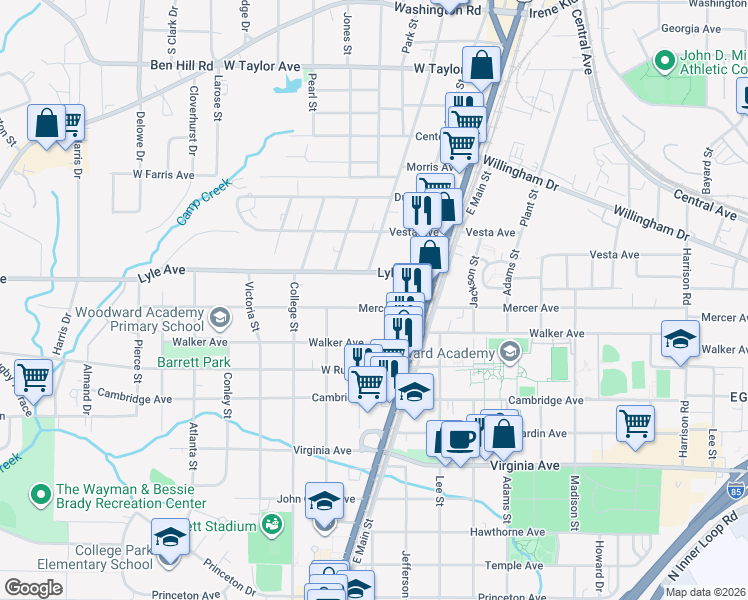 map of restaurants, bars, coffee shops, grocery stores, and more near 1803 Mercer Avenue in Atlanta