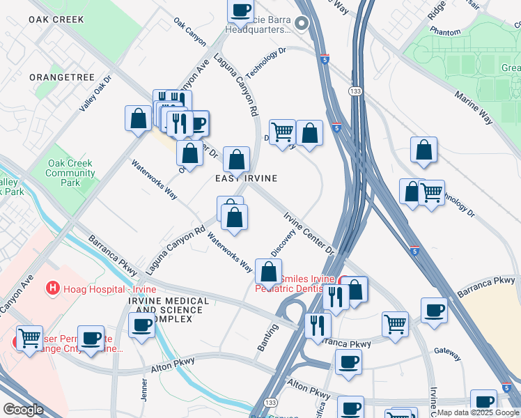 map of restaurants, bars, coffee shops, grocery stores, and more near 15770 Laguna Canyon Road in Irvine