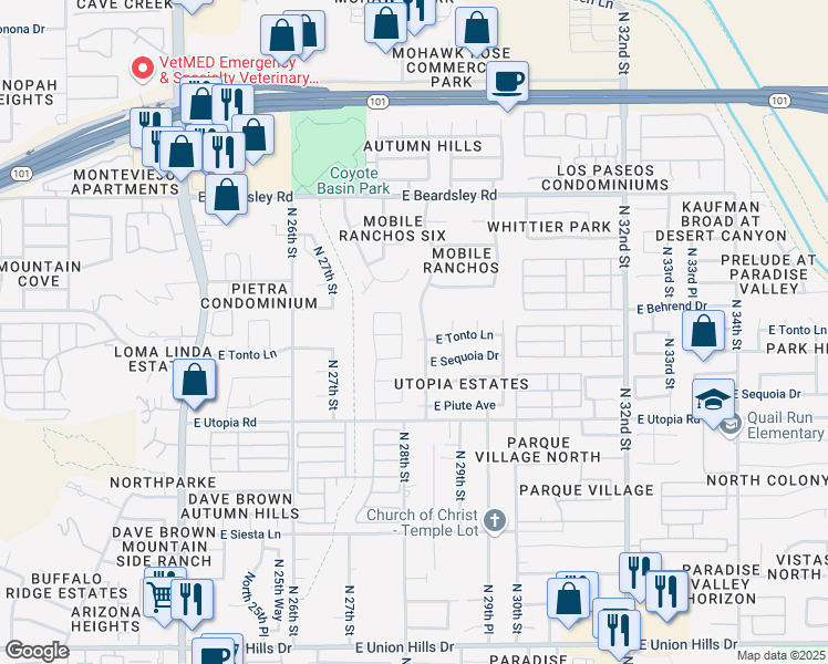 map of restaurants, bars, coffee shops, grocery stores, and more near 2857 East Tonto Lane in Phoenix
