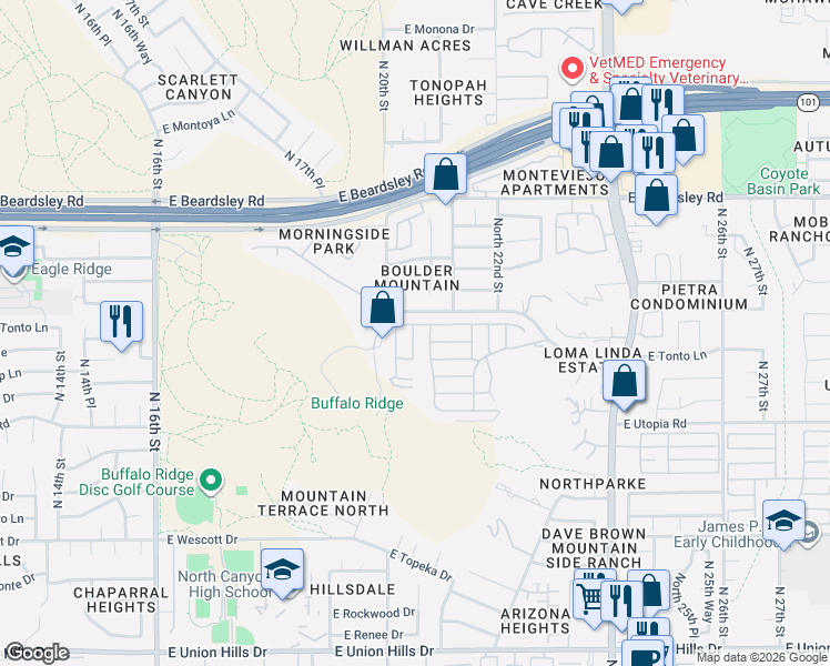map of restaurants, bars, coffee shops, grocery stores, and more near Canyon in Phoenix