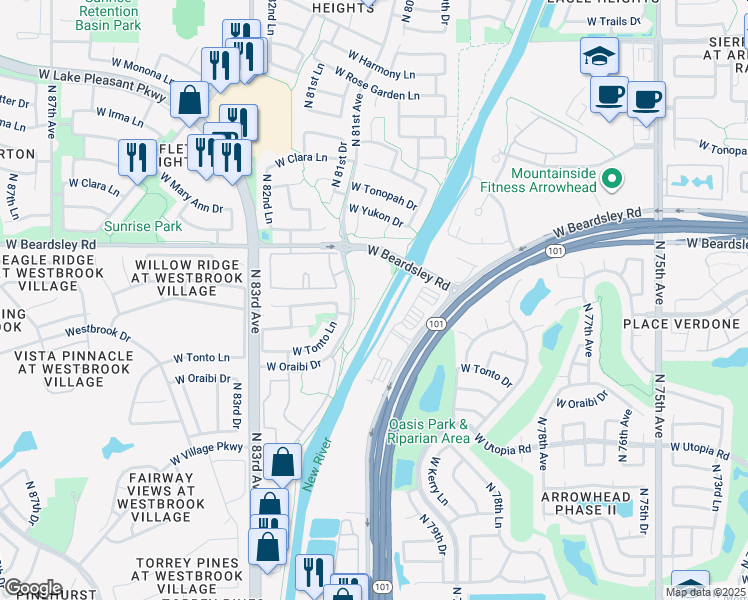 map of restaurants, bars, coffee shops, grocery stores, and more near 20025 North 81st Avenue in Peoria