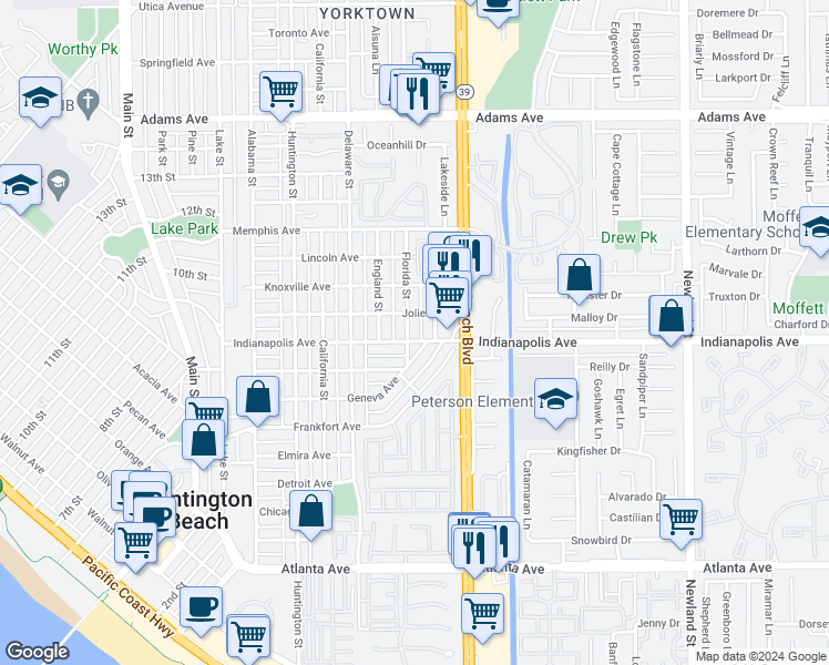 map of restaurants, bars, coffee shops, grocery stores, and more near 824 Geneva Avenue in Huntington Beach