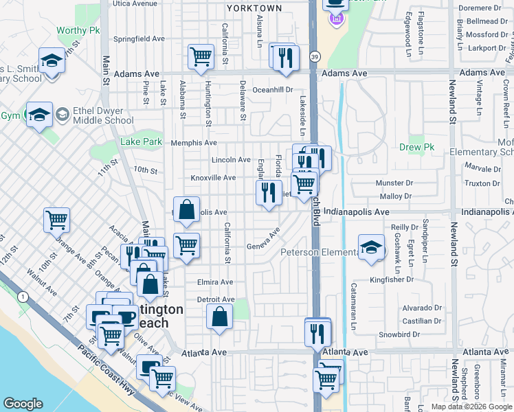 map of restaurants, bars, coffee shops, grocery stores, and more near 620 Indianapolis Avenue in Huntington Beach