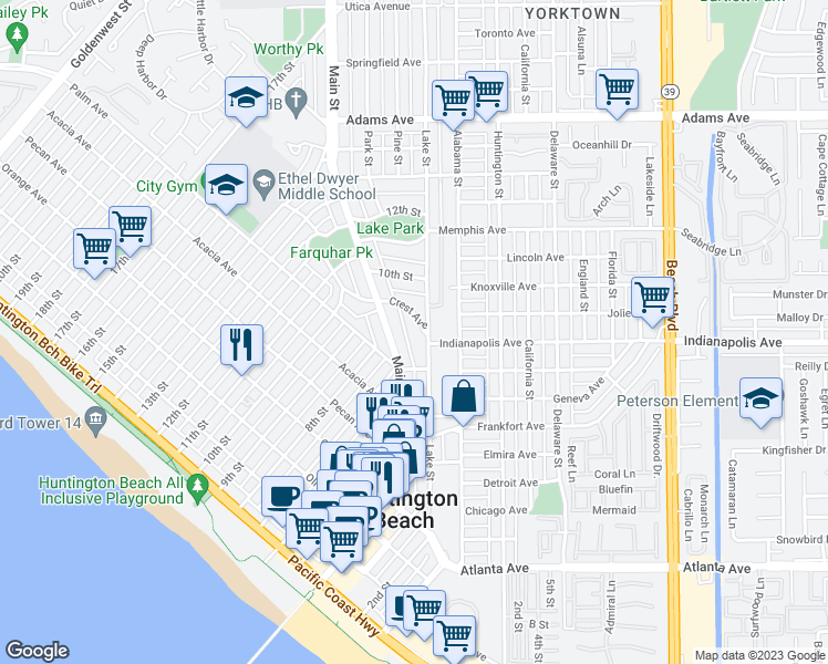 map of restaurants, bars, coffee shops, grocery stores, and more near 710 Main Street in Huntington Beach