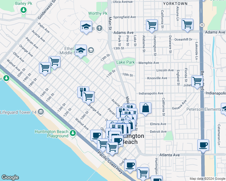map of restaurants, bars, coffee shops, grocery stores, and more near 617 8th Street in Huntington Beach