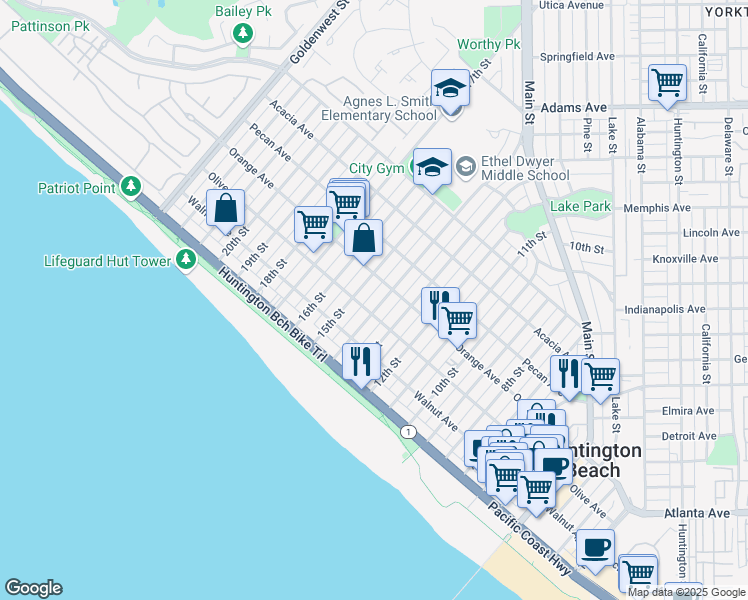 map of restaurants, bars, coffee shops, grocery stores, and more near 1315 Olive Avenue in Huntington Beach