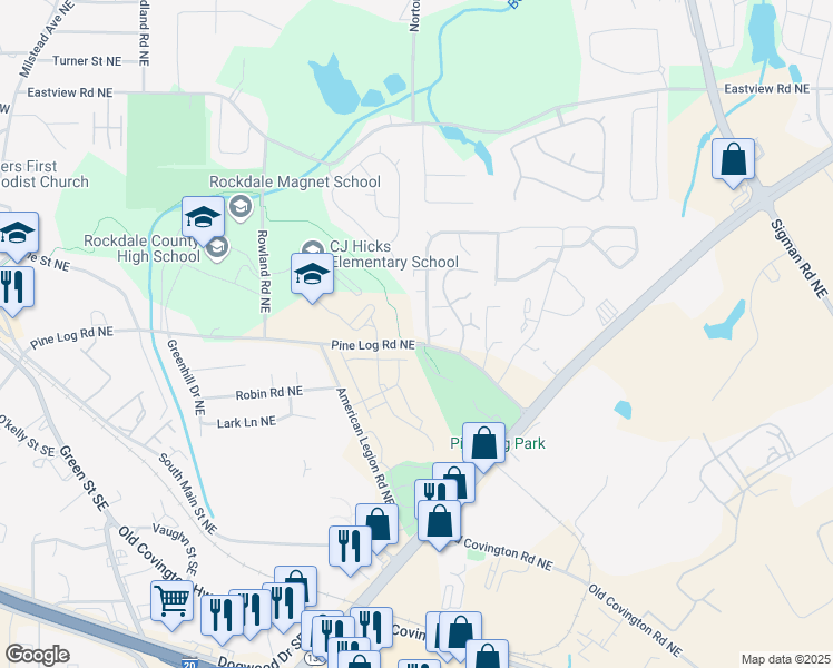 map of restaurants, bars, coffee shops, grocery stores, and more near 844 Park Place Northeast in Conyers