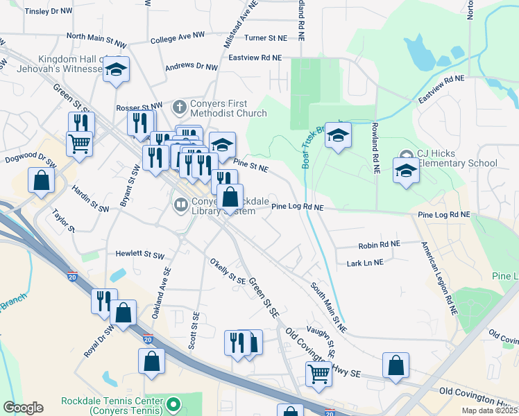 map of restaurants, bars, coffee shops, grocery stores, and more near 1016 Pine Logging Road Northeast in Conyers