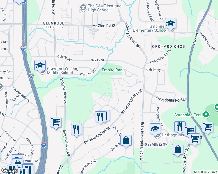 map of restaurants, bars, coffee shops, grocery stores, and more near Hamilton Court Southeast in Atlanta