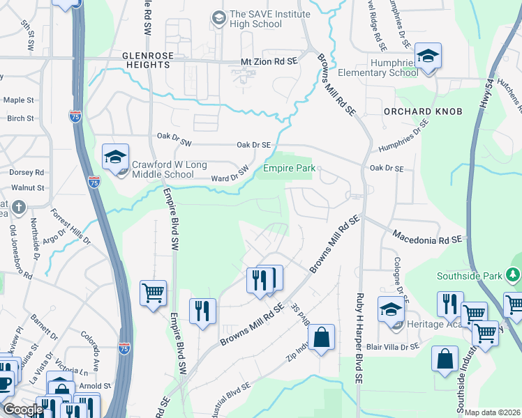 map of restaurants, bars, coffee shops, grocery stores, and more near Hamilton Court Southeast in Atlanta