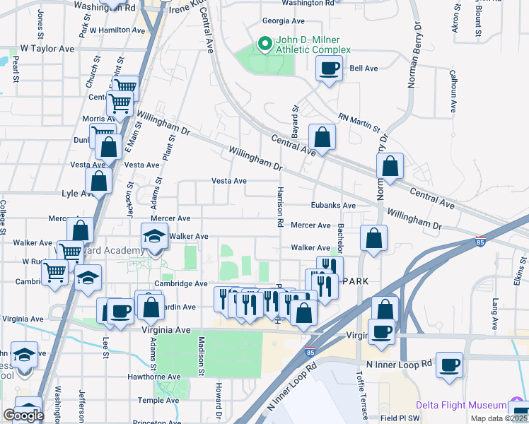 map of restaurants, bars, coffee shops, grocery stores, and more near 1417 Mercer Avenue in College Park