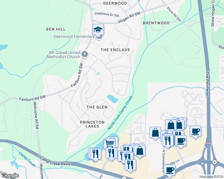 map of restaurants, bars, coffee shops, grocery stores, and more near 3150 Abbey Drive in Atlanta