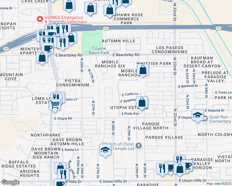map of restaurants, bars, coffee shops, grocery stores, and more near 2857 East Tonto Lane in Phoenix