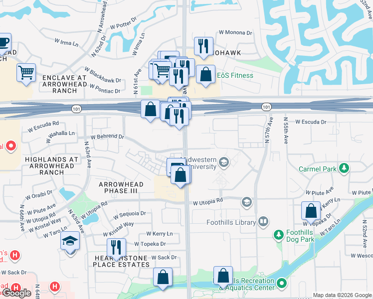map of restaurants, bars, coffee shops, grocery stores, and more near N 59th Ave & W Behrend Dr in Glendale