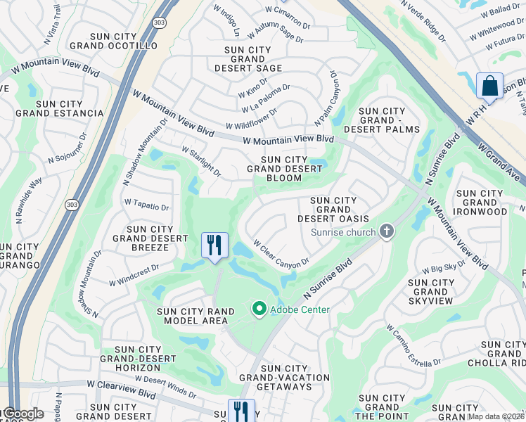 map of restaurants, bars, coffee shops, grocery stores, and more near 15869 West Clearwater Way in Surprise
