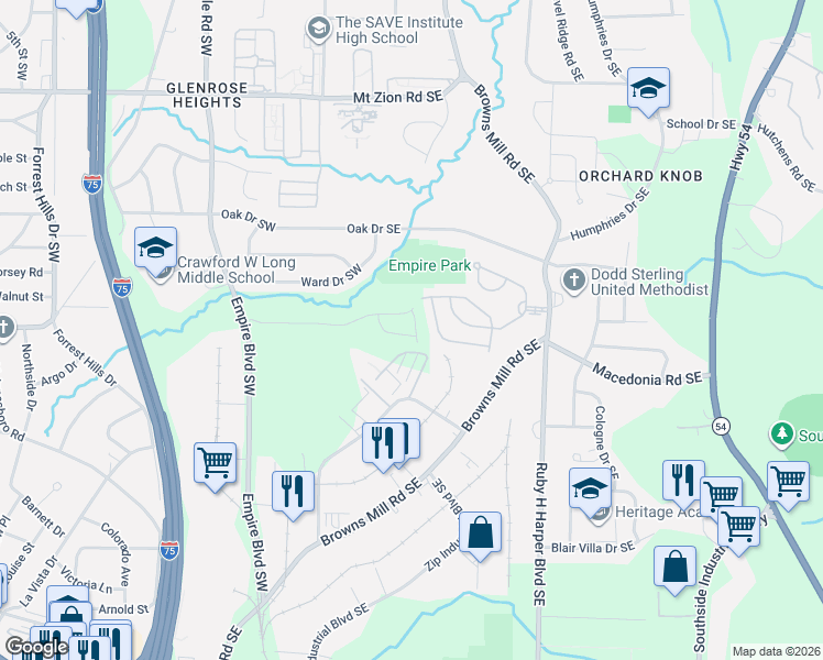 map of restaurants, bars, coffee shops, grocery stores, and more near Hamilton Court Southeast in Atlanta