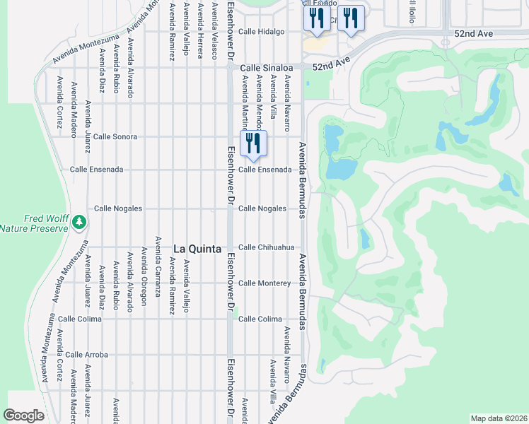 map of restaurants, bars, coffee shops, grocery stores, and more near 52770 Avenue Mendoza in La Quinta