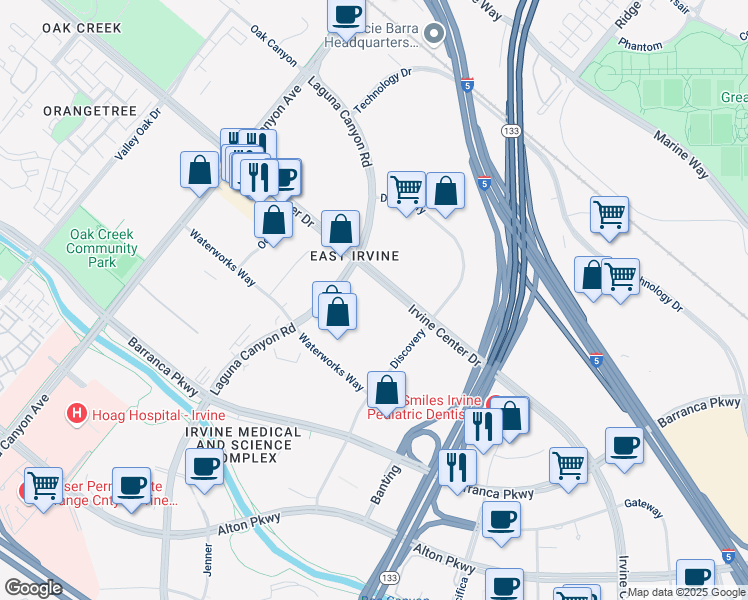 map of restaurants, bars, coffee shops, grocery stores, and more near 51 Discovery in Irvine