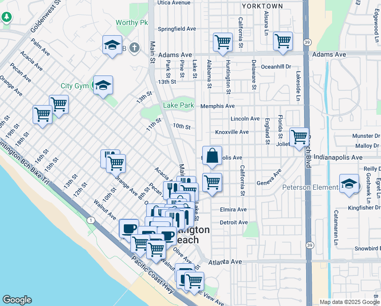 map of restaurants, bars, coffee shops, grocery stores, and more near 733 Lake Street in Huntington Beach