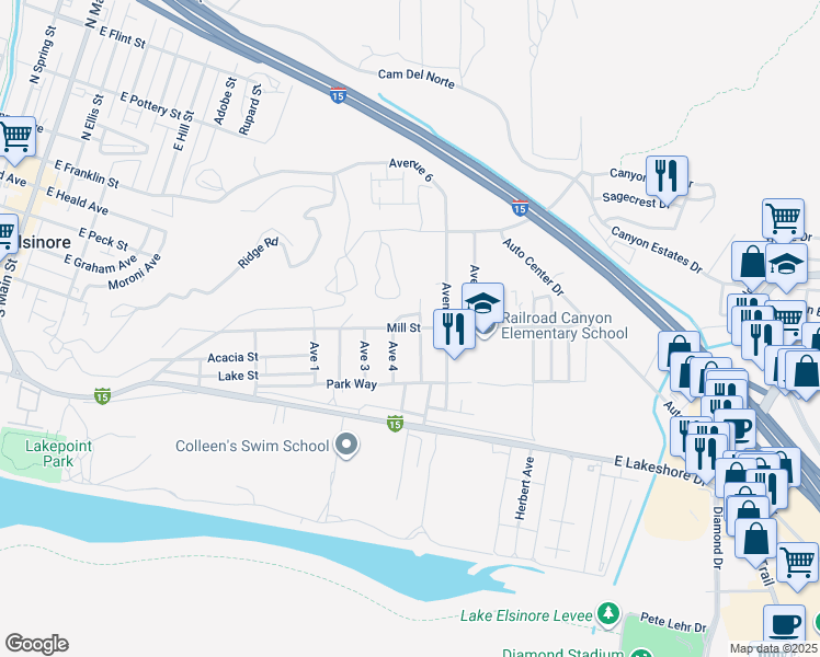 map of restaurants, bars, coffee shops, grocery stores, and more near Mill Street in Lake Elsinore