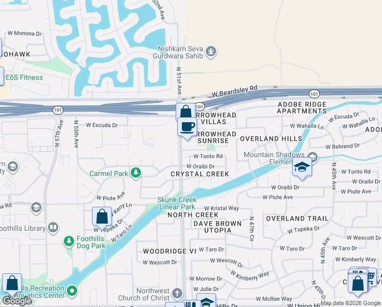 map of restaurants, bars, coffee shops, grocery stores, and more near 19632 North 50th Drive in Glendale