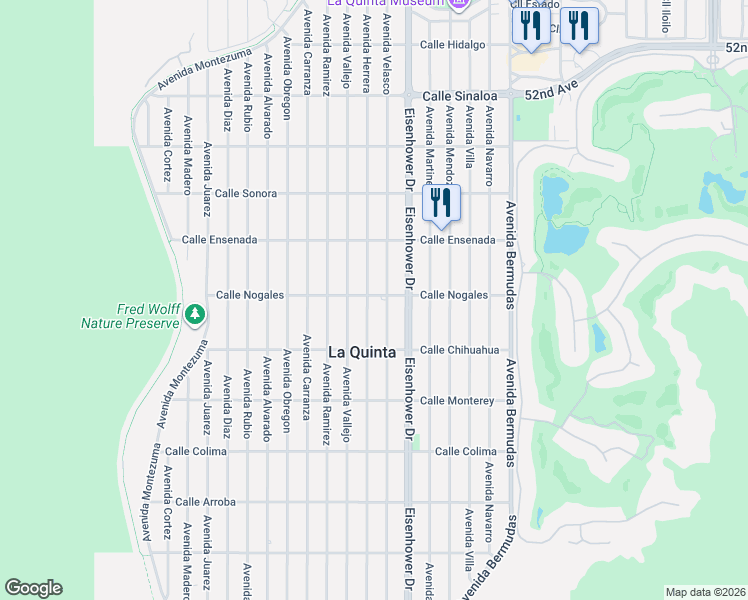 map of restaurants, bars, coffee shops, grocery stores, and more near 52871 Avenue Herrera in La Quinta
