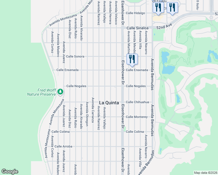 map of restaurants, bars, coffee shops, grocery stores, and more near 52871 Avenue Herrera in La Quinta