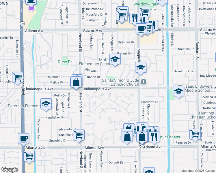 map of restaurants, bars, coffee shops, grocery stores, and more near 20800 Oakridge Lane in Huntington Beach