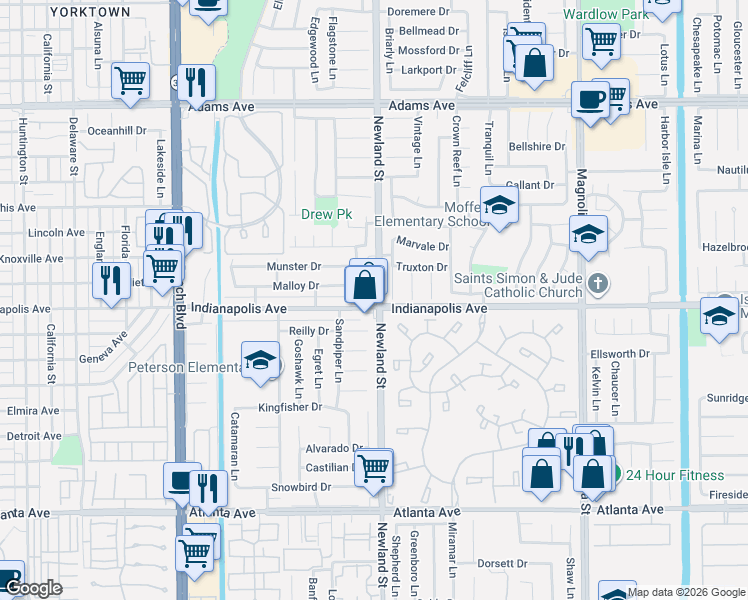 map of restaurants, bars, coffee shops, grocery stores, and more near 914 Indianapolis Avenue in Huntington Beach