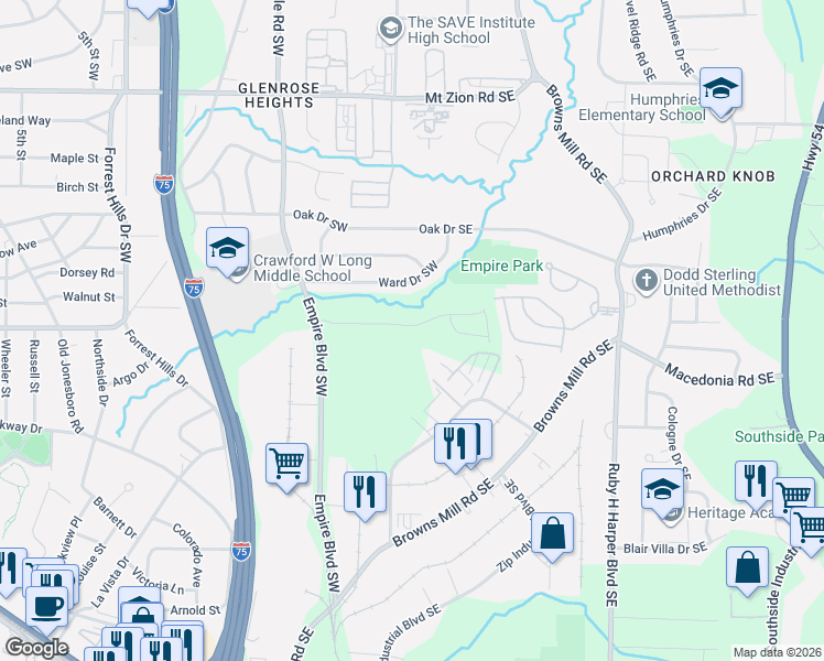 map of restaurants, bars, coffee shops, grocery stores, and more near Hamilton Court Southeast in Atlanta
