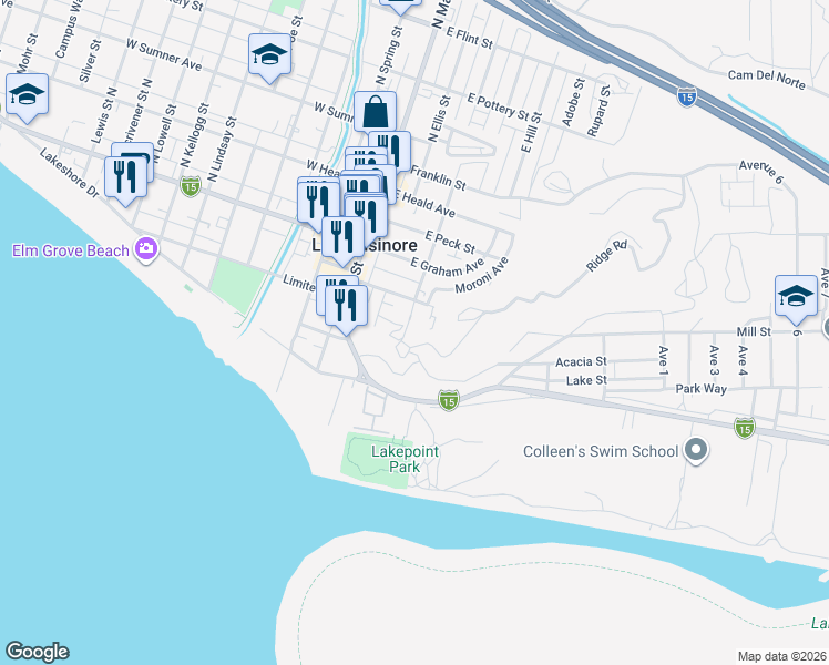 map of restaurants, bars, coffee shops, grocery stores, and more near Ridge Street in Lake Elsinore