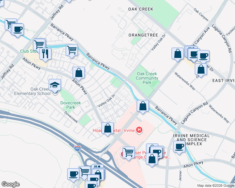 map of restaurants, bars, coffee shops, grocery stores, and more near 16090 Valley Oak Drive in Irvine