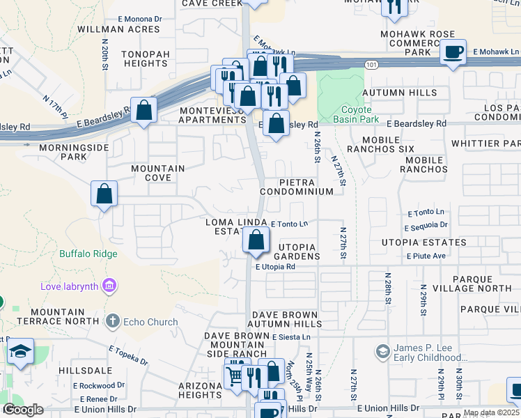 map of restaurants, bars, coffee shops, grocery stores, and more near 19635 North Cave Creek Road in Phoenix