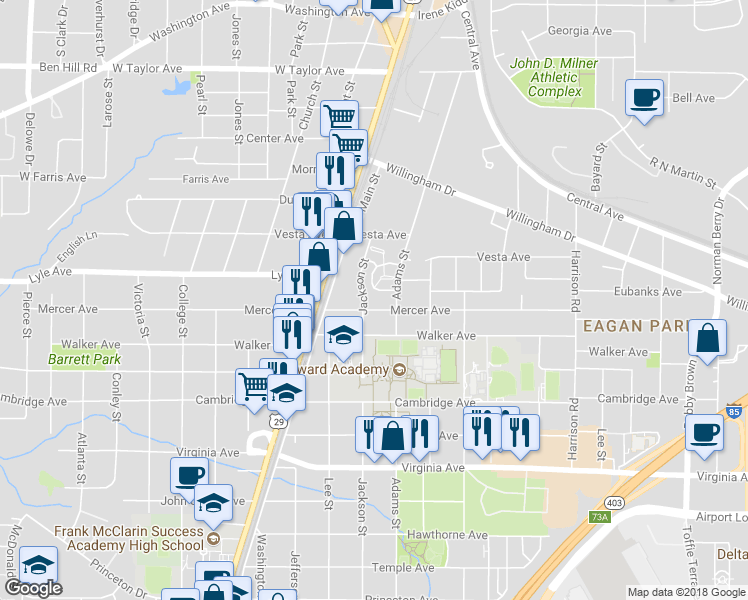 map of restaurants, bars, coffee shops, grocery stores, and more near 1651 Mercer Avenue in Atlanta