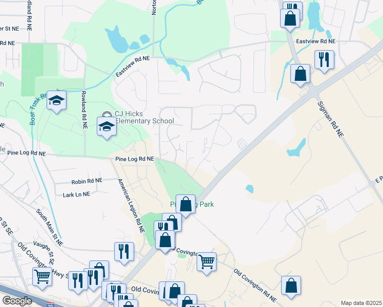 map of restaurants, bars, coffee shops, grocery stores, and more near 1520 Pine Logging Road Northeast in Conyers