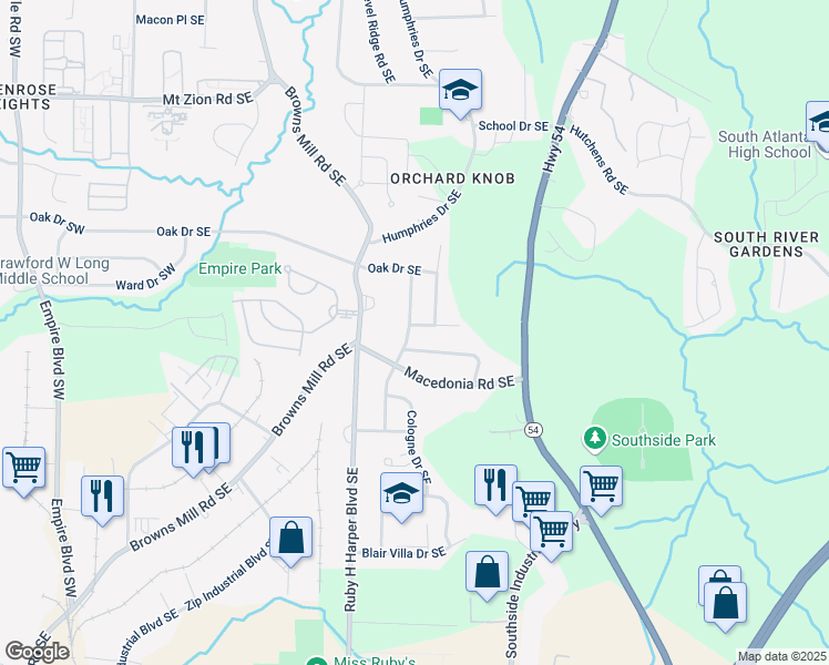 map of restaurants, bars, coffee shops, grocery stores, and more near 3294 Renault Road Southeast in Atlanta