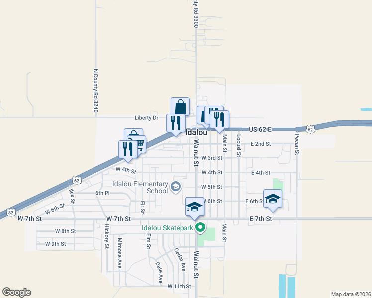map of restaurants, bars, coffee shops, grocery stores, and more near 300-394 W 3rd St in Idalou
