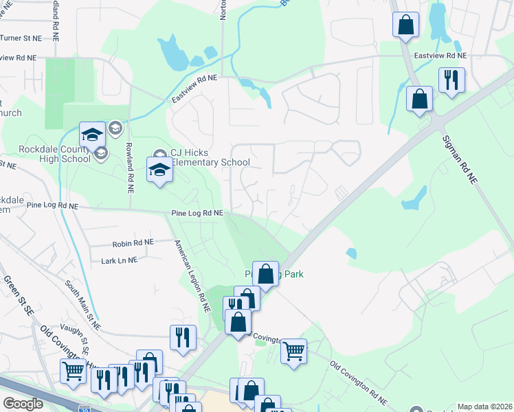 map of restaurants, bars, coffee shops, grocery stores, and more near 1435 Spring Mill Cove Northeast in Conyers
