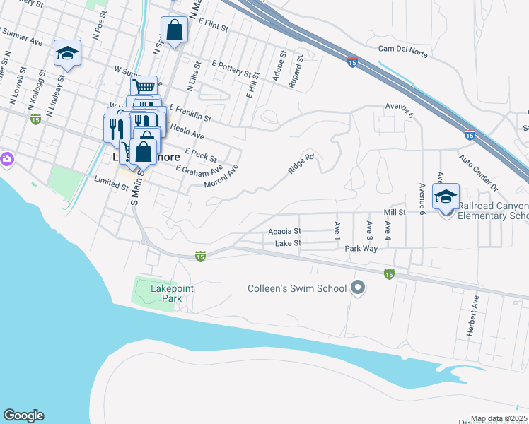 map of restaurants, bars, coffee shops, grocery stores, and more near Country Club Boulevard in Lake Elsinore