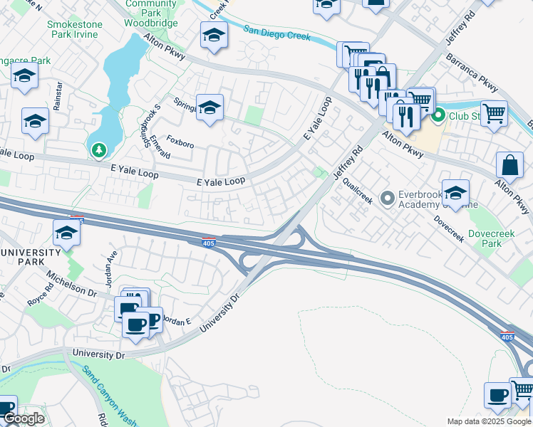 map of restaurants, bars, coffee shops, grocery stores, and more near 20 Springflower in Irvine