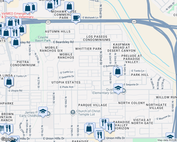 map of restaurants, bars, coffee shops, grocery stores, and more near 19802 North 32nd Street in Phoenix