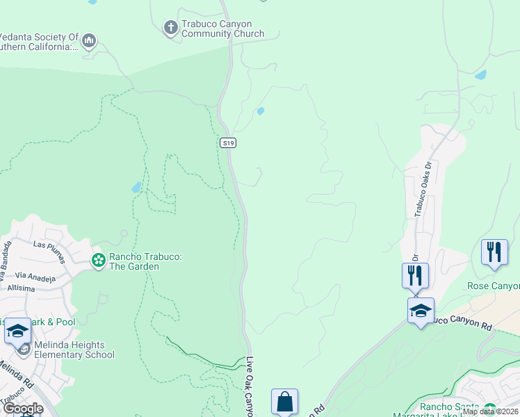 map of restaurants, bars, coffee shops, grocery stores, and more near 20482 Live Oak Canyon Road in Trabuco Canyon
