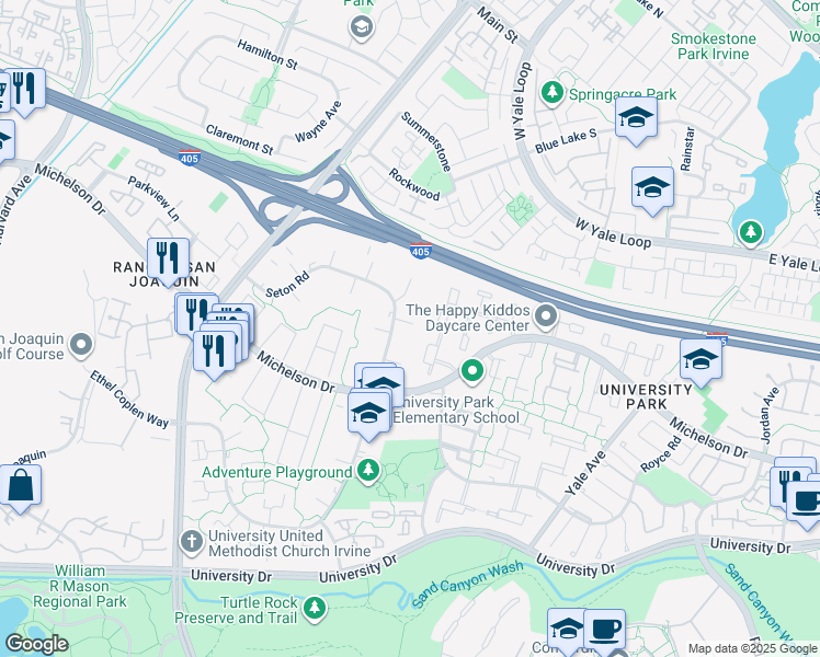 map of restaurants, bars, coffee shops, grocery stores, and more near 10 Satinwood Way in Irvine