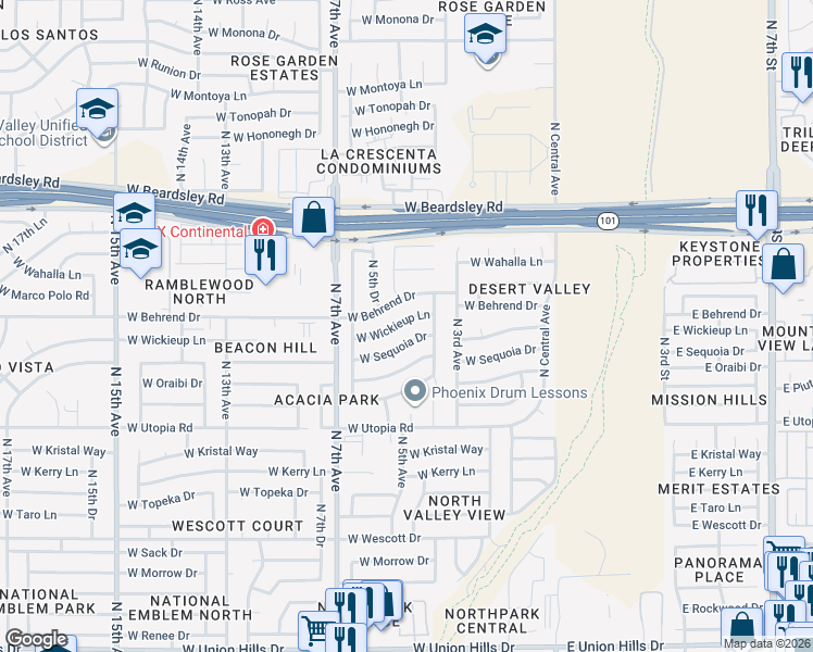 map of restaurants, bars, coffee shops, grocery stores, and more near 407 West Wickieup Lane in Phoenix